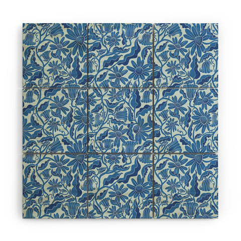 Sewzinski Monochrome Florals Blue Wood Wall Mural