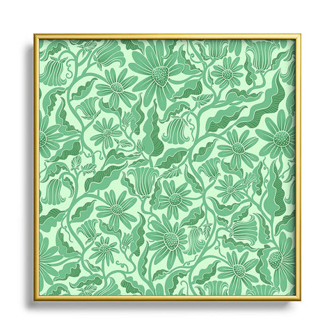 Sewzinski Monochrome Florals Green Square Metal Framed Art Print