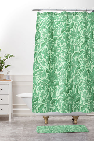 Sewzinski Monochrome Florals Green Shower Curtain And Mat