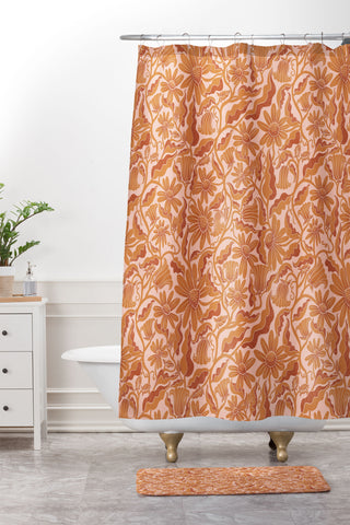 Sewzinski Monochrome Florals Orange Shower Curtain And Mat