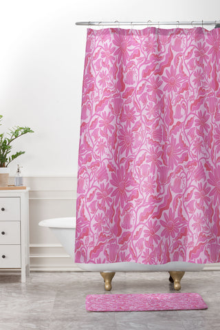 Sewzinski Monochrome Florals Pink Shower Curtain And Mat