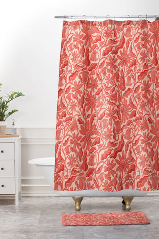 Sewzinski Monochrome Florals Red Shower Curtain And Mat