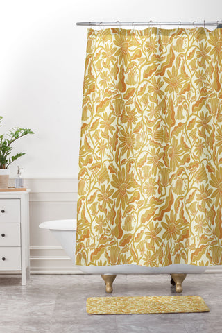 Sewzinski Monochrome Florals Yellow Shower Curtain And Mat