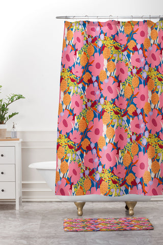 Sewzinski Pink Wildflowers Shower Curtain And Mat