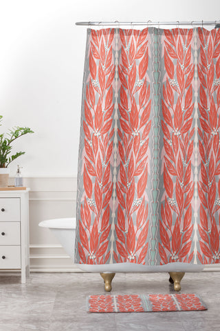 Sewzinski Red Leaves on Gray Shower Curtain And Mat