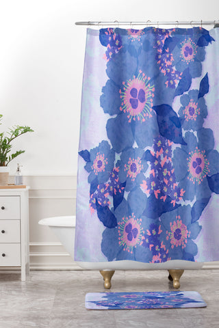 Sewzinski Retro Blue Flowers Shower Curtain And Mat