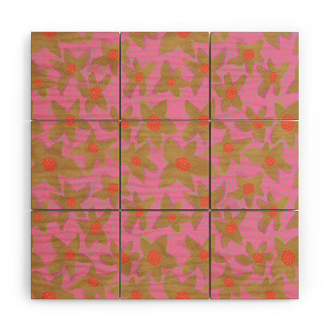 Sewzinski Retro Flowers on Pink Wood Wall Mural