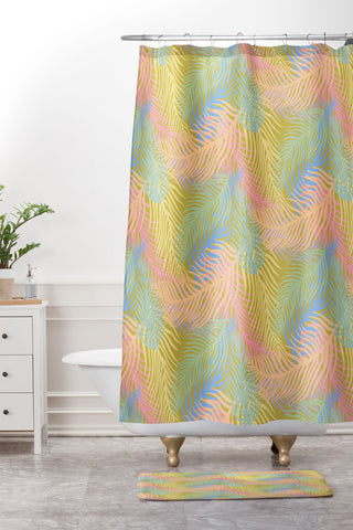 Sewzinski Retro Palms Bright Pastels Shower Curtain And Mat