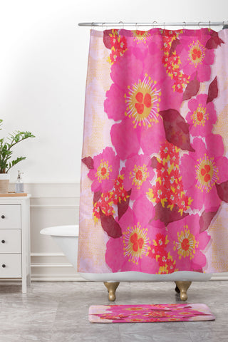 Sewzinski Retro Pink Flowers Shower Curtain And Mat