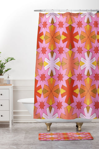 Sewzinski Star Pattern Red and Pink Shower Curtain And Mat
