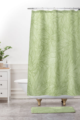 Sewzinski Striped Leaves in Green Shower Curtain And Mat