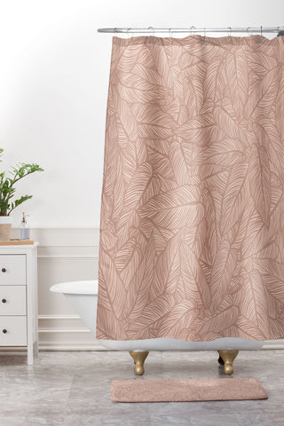 Sewzinski Striped Leaves in Pink Shower Curtain And Mat
