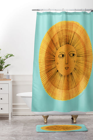 Sewzinski Sun Drawing Gold and Blue Shower Curtain And Mat
