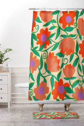Sewzinski Sunlit Flowers Orange Shower Curtain And Mat