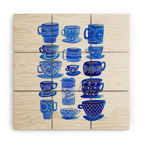 Sewzinski Teacups and Mugs in Blues Wood Wall Mural