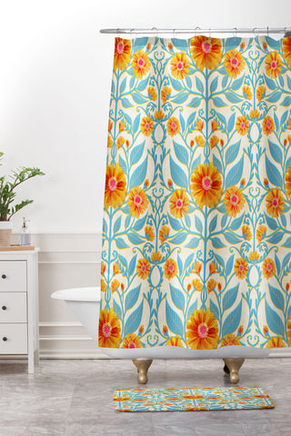Sewzinski Yellow Flame Zinnias Shower Curtain And Mat