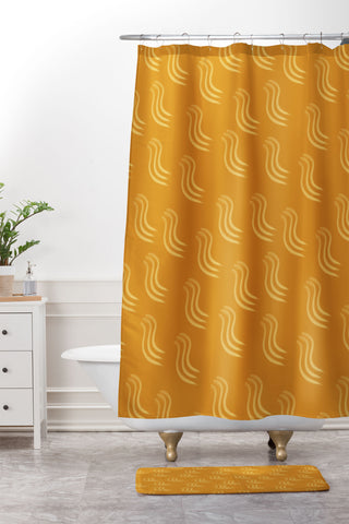 Sewzinski Yellow Squiggles Pattern Shower Curtain And Mat