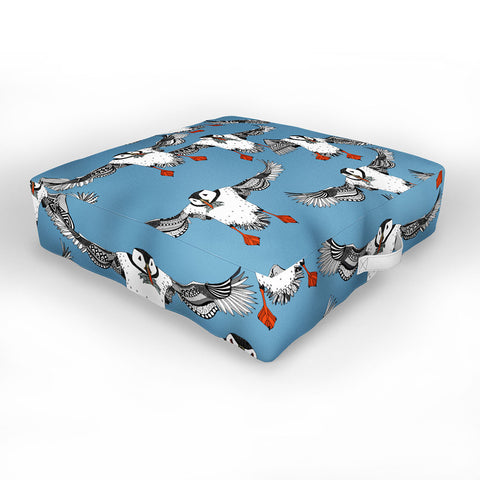 Sharon Turner Atlantic Puffins blue Outdoor Floor Cushion