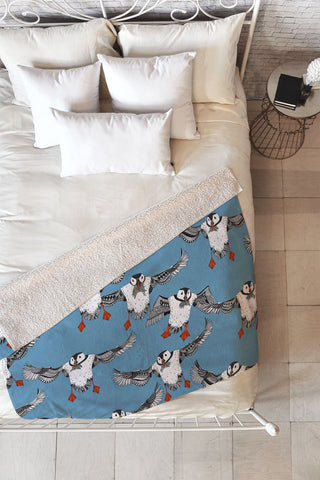 Sharon Turner Atlantic Puffins blue Fleece Throw Blanket