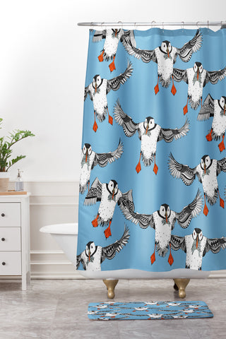 Sharon Turner Atlantic Puffins blue Shower Curtain And Mat