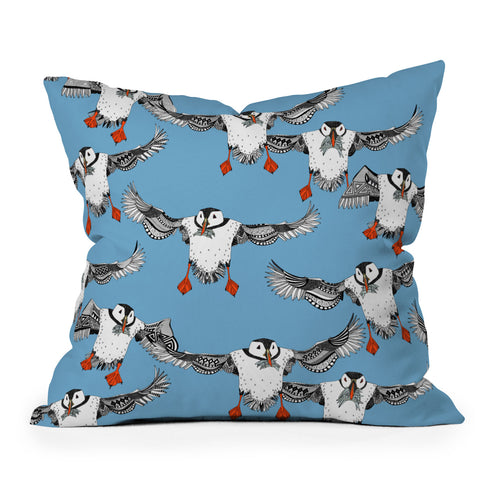 Sharon Turner Atlantic Puffins blue Throw Pillow