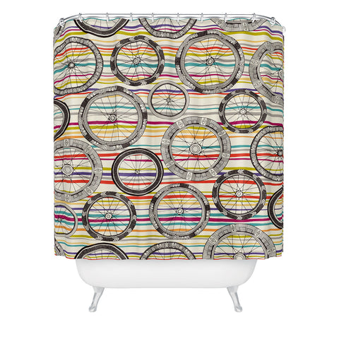 Sharon Turner bike wheels stripe Shower Curtain