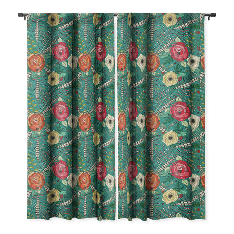 Sharon Turner boho winter floral teal Blackout Window Curtain