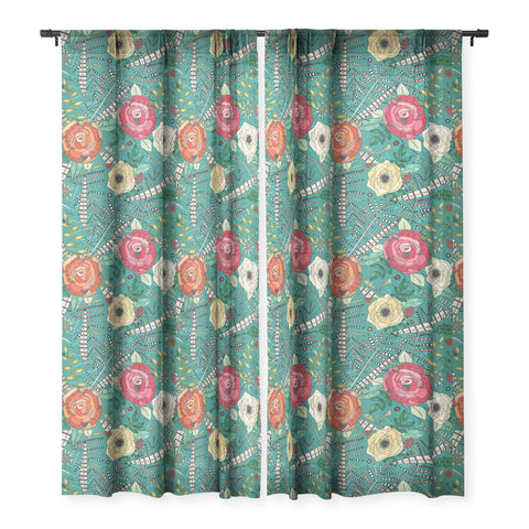 Sharon Turner boho winter floral teal Sheer Window Curtain