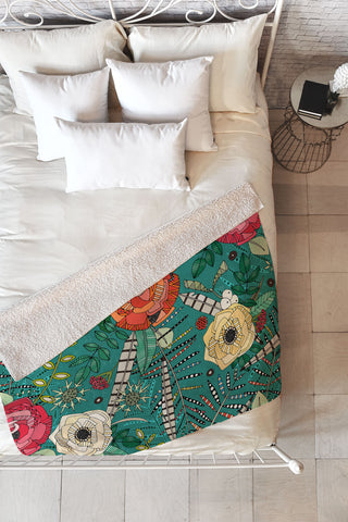 Sharon Turner boho winter floral teal Fleece Throw Blanket