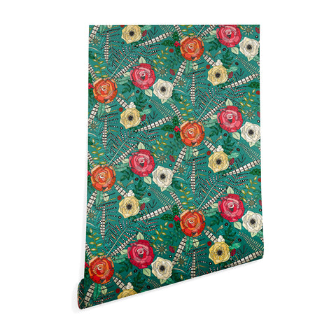 Sharon Turner boho winter floral teal Wallpaper