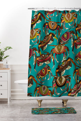Sharon Turner crabs teal Shower Curtain And Mat