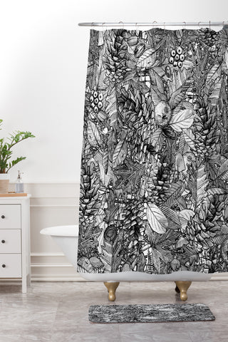 Sharon Turner forest floor black white Shower Curtain And Mat