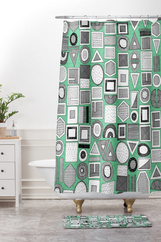 Sharon Turner frisson memphis bw green Shower Curtain And Mat