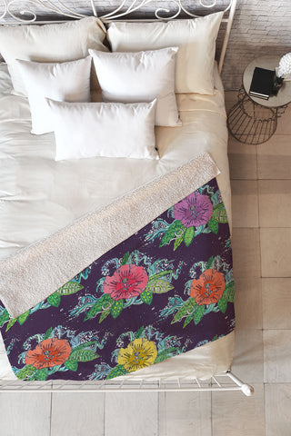Sharon Turner Hibiscus Surf Grape Fleece Throw Blanket