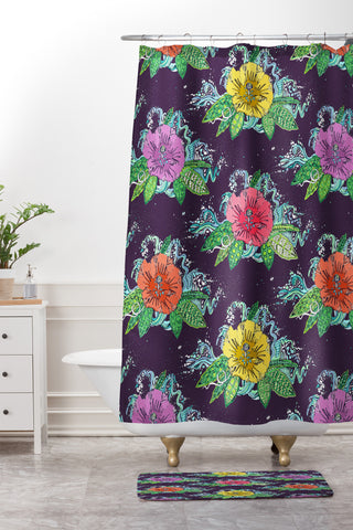 Sharon Turner Hibiscus Surf Grape Shower Curtain And Mat