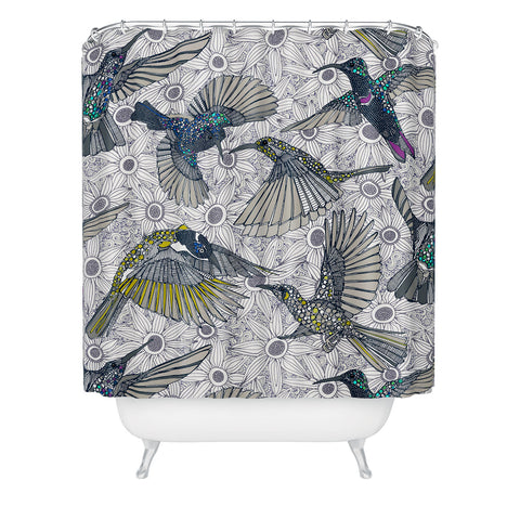 Sharon Turner hum sun honey birds basalt Shower Curtain