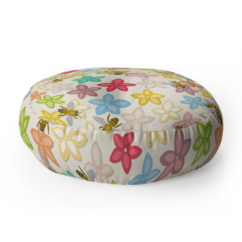 Sharon Turner Indian Summer flowers and bees Floor Pillow Round