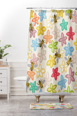 Sharon Turner Indian Summer flowers and bees Shower Curtain And Mat