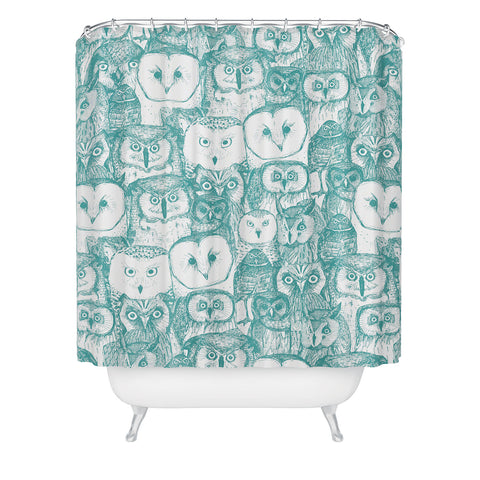 Sharon Turner just owls teal blue Shower Curtain