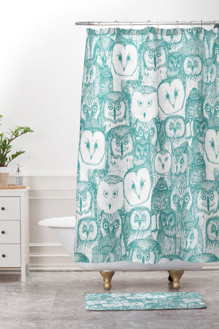 Sharon Turner just owls teal blue Shower Curtain And Mat