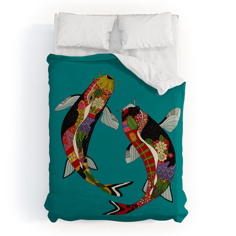 Sharon Turner koi teal blue Duvet Cover