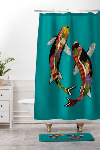 Sharon Turner koi teal blue Shower Curtain And Mat