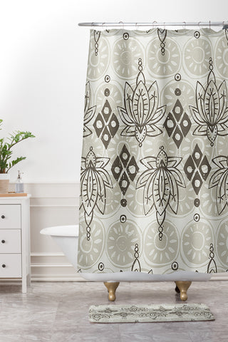 Sharon Turner lotus block linen Shower Curtain And Mat