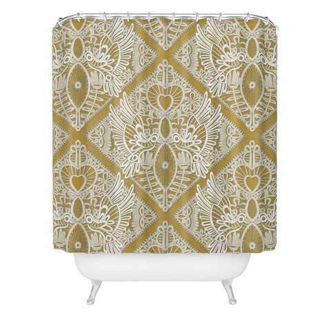 Sharon Turner love bird lace gold Shower Curtain