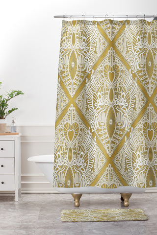 Sharon Turner love bird lace gold Shower Curtain And Mat