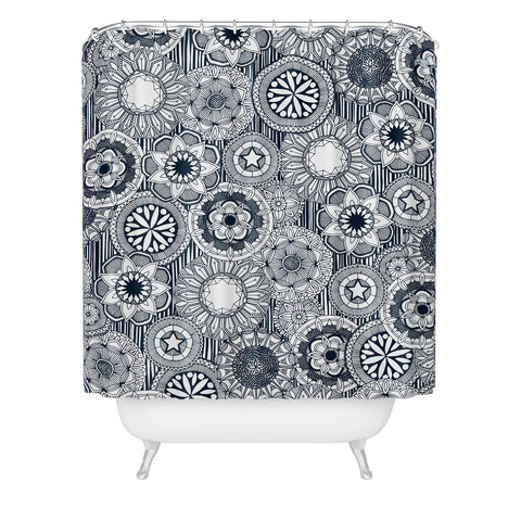 Sharon Turner mandala cirque indigo white Shower Curtain