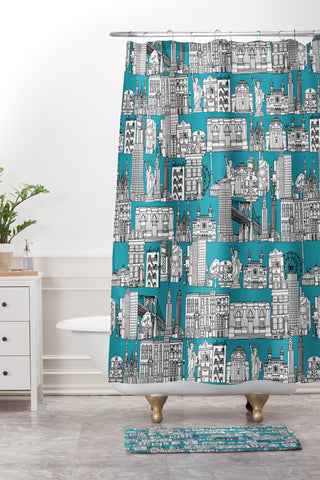 Sharon Turner New York Teal Shower Curtain And Mat