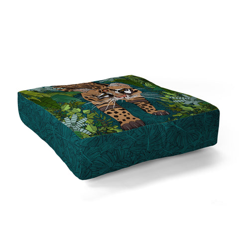 Sharon Turner ocelot jungle teal Floor Pillow Square