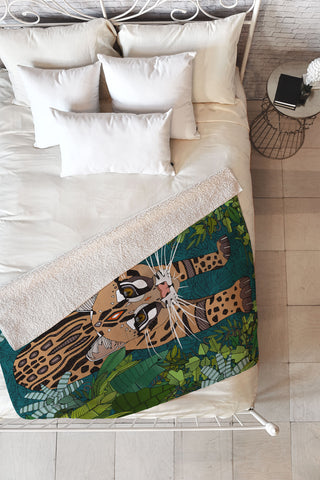 Sharon Turner ocelot jungle teal Fleece Throw Blanket