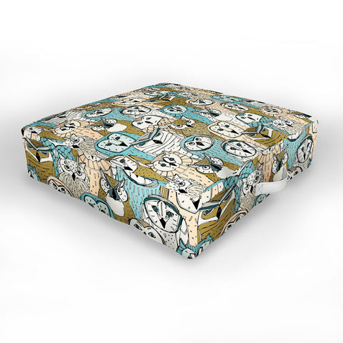 Sharon Turner owls limited gold blue Outdoor Floor Cushion